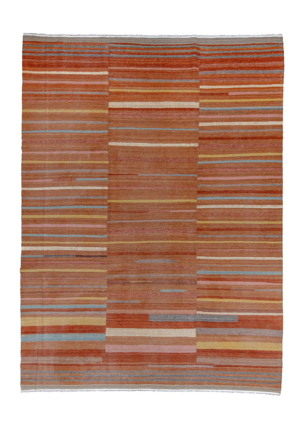 9' x 12' one-of-a-kind handmade vintage Kilim large size rug. Color palette: terra cotta, rust, camel, ivory, gold, blush