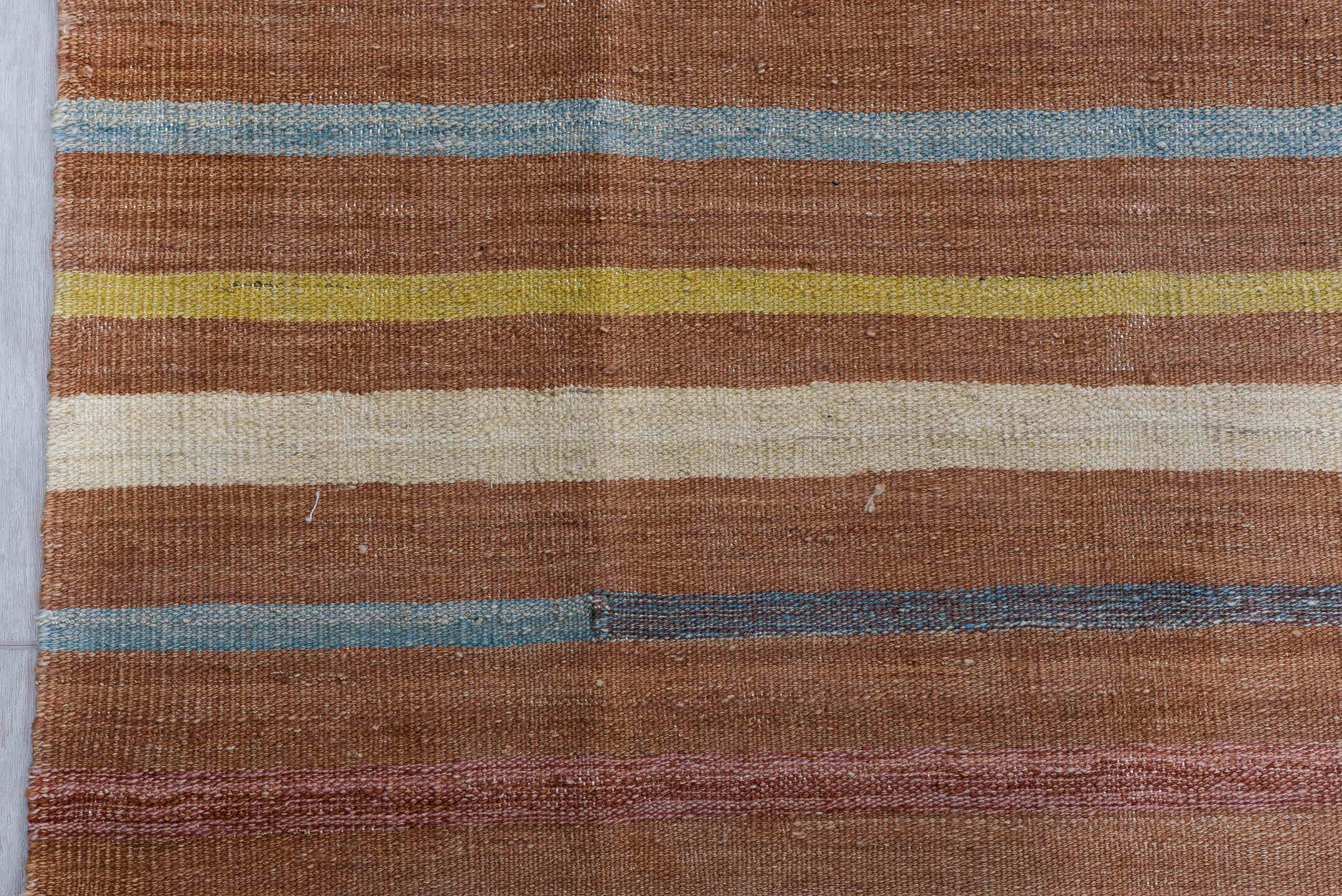 9' x 12' one-of-a-kind handmade vintage Kilim large size rug. Color palette: terra cotta, rust, camel, ivory, gold, blush