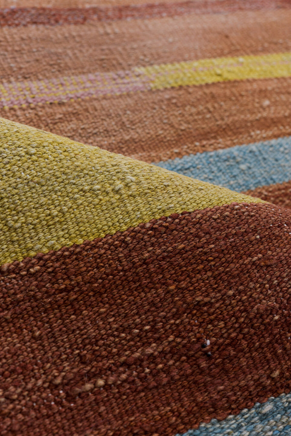9' x 12' one-of-a-kind handmade vintage Kilim large size rug. Color palette: terra cotta, rust, camel, ivory, gold, blush