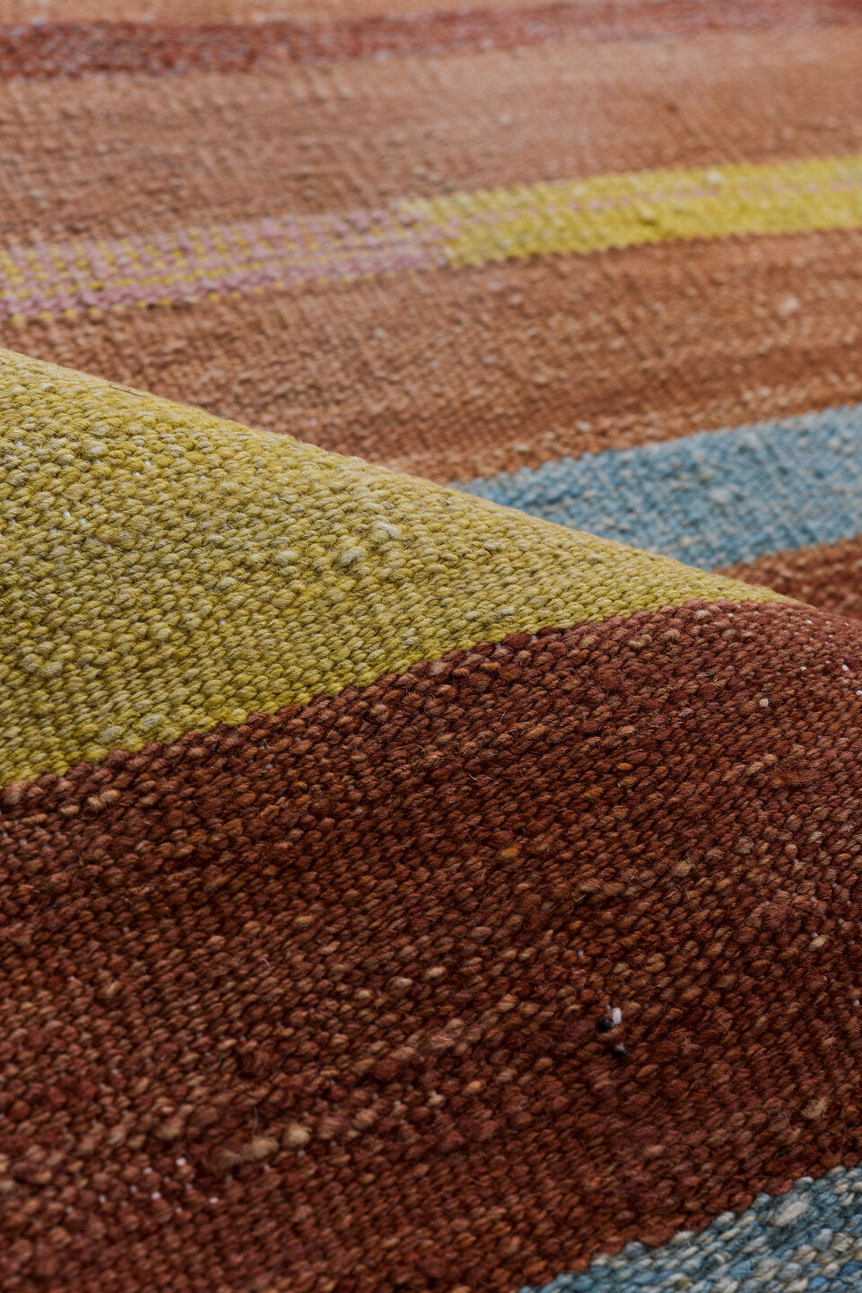 9' x 12' one-of-a-kind handmade vintage Kilim large size rug. Color palette: terra cotta, rust, camel, ivory, gold, blush