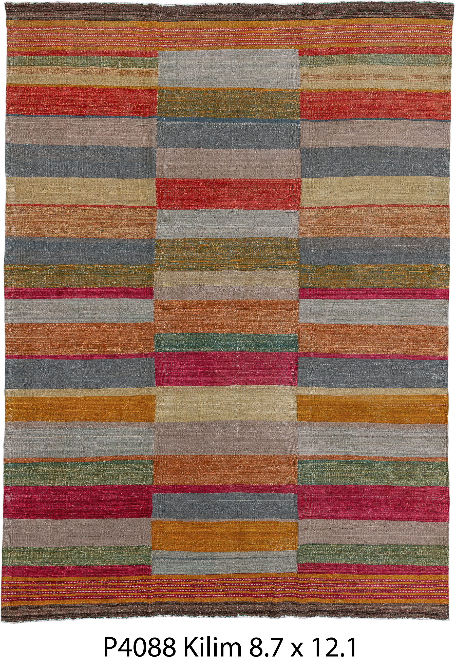8' x 12' one-of-a-kind handmade vintage Kilim large size rug. Color palette: taupe, slate, rust, rose, mustard, sage, ivory