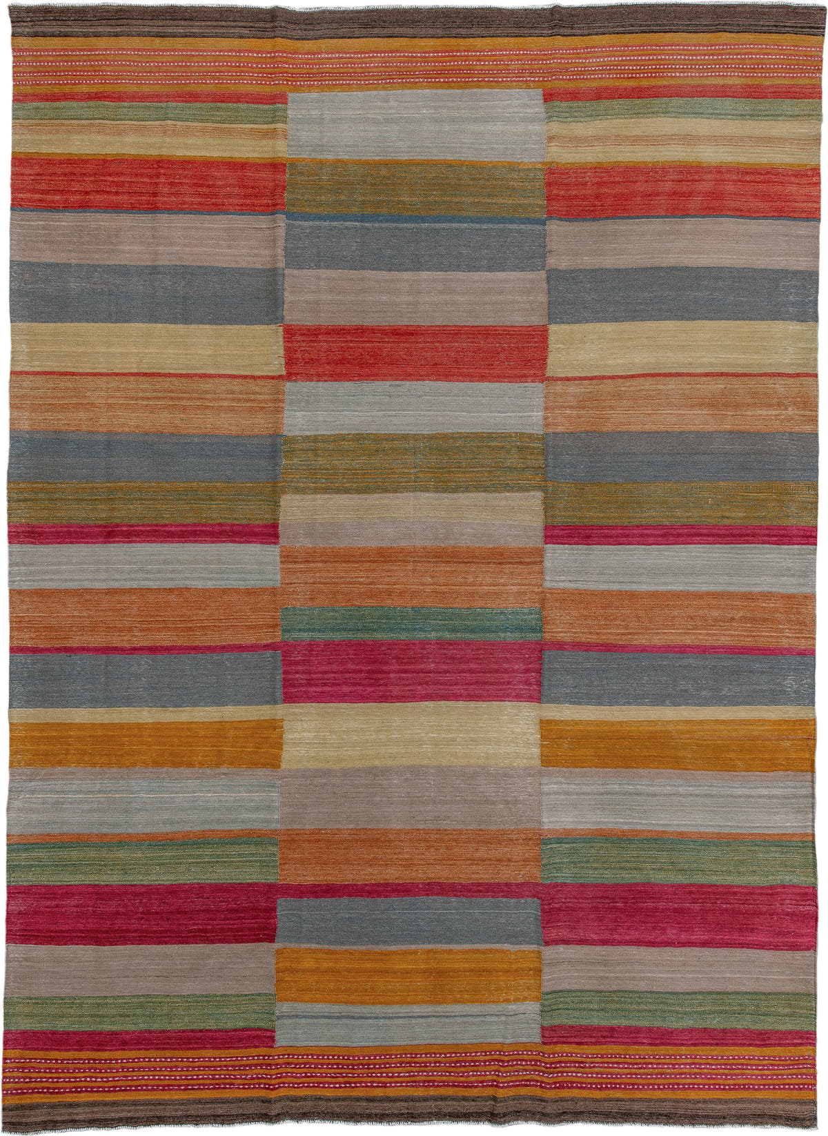 8' x 12' one-of-a-kind handmade vintage Kilim large size rug. Color palette: taupe, slate, rust, rose, mustard, sage, ivory