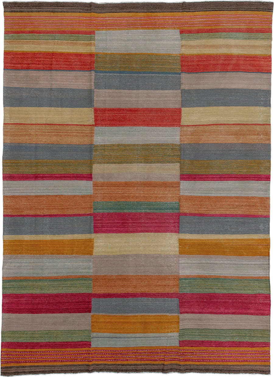 8' x 12' one-of-a-kind handmade vintage Kilim large size rug. Color palette: taupe, slate, rust, rose, mustard, sage, ivory