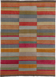 8' x 12' one-of-a-kind handmade vintage Kilim large size rug. Color palette: taupe, slate, rust, rose, mustard, sage, ivory