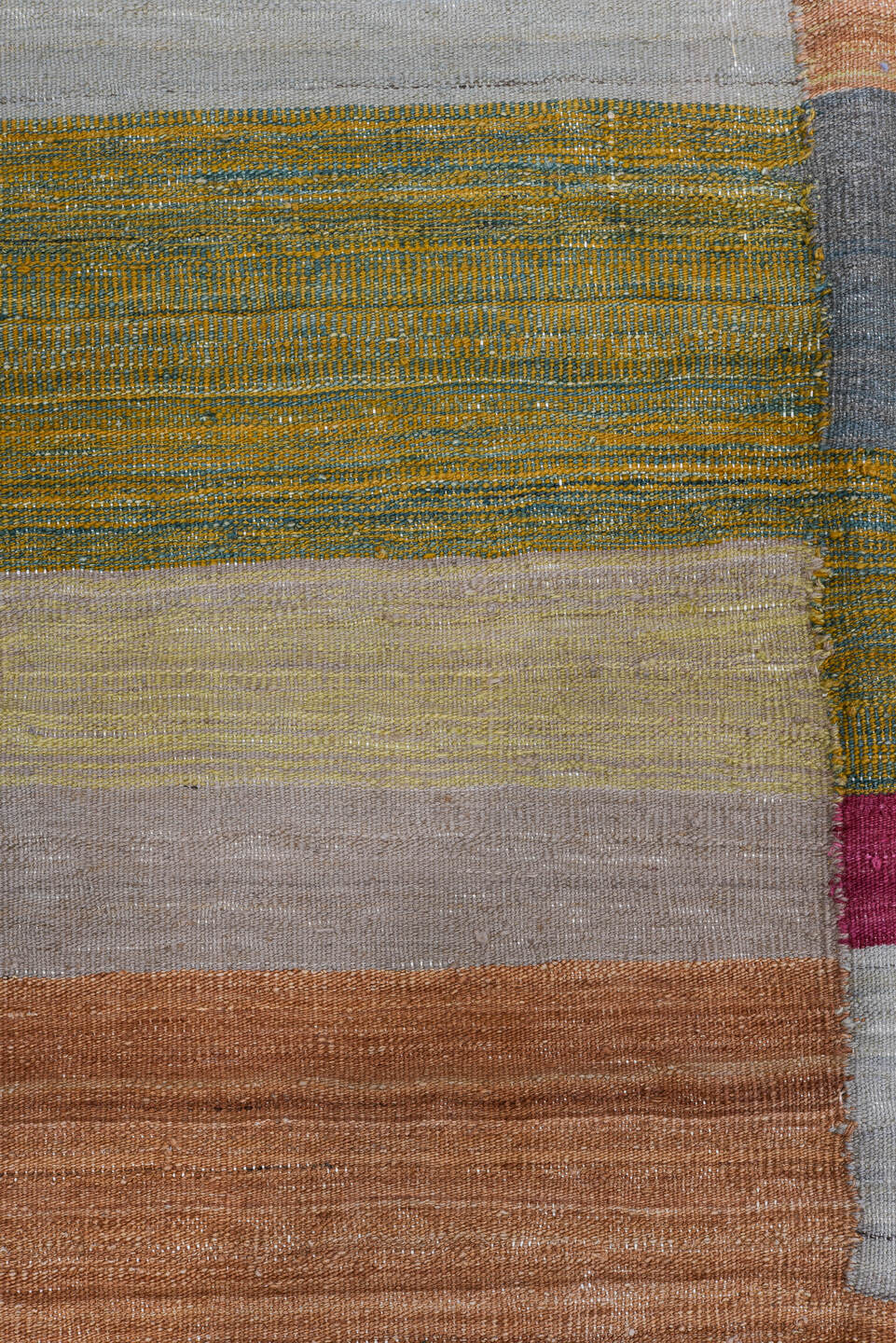8' x 12' one-of-a-kind handmade vintage Kilim large size rug. Color palette: taupe, slate, rust, rose, mustard, sage, ivory