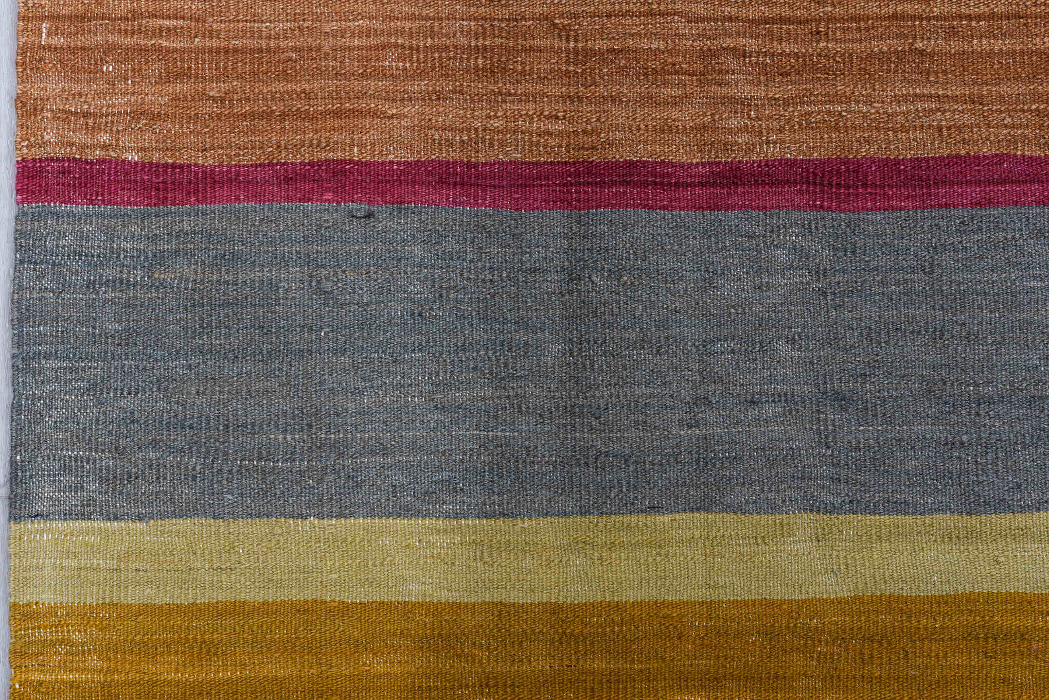 8' x 12' one-of-a-kind handmade vintage Kilim large size rug. Color palette: taupe, slate, rust, rose, mustard, sage, ivory