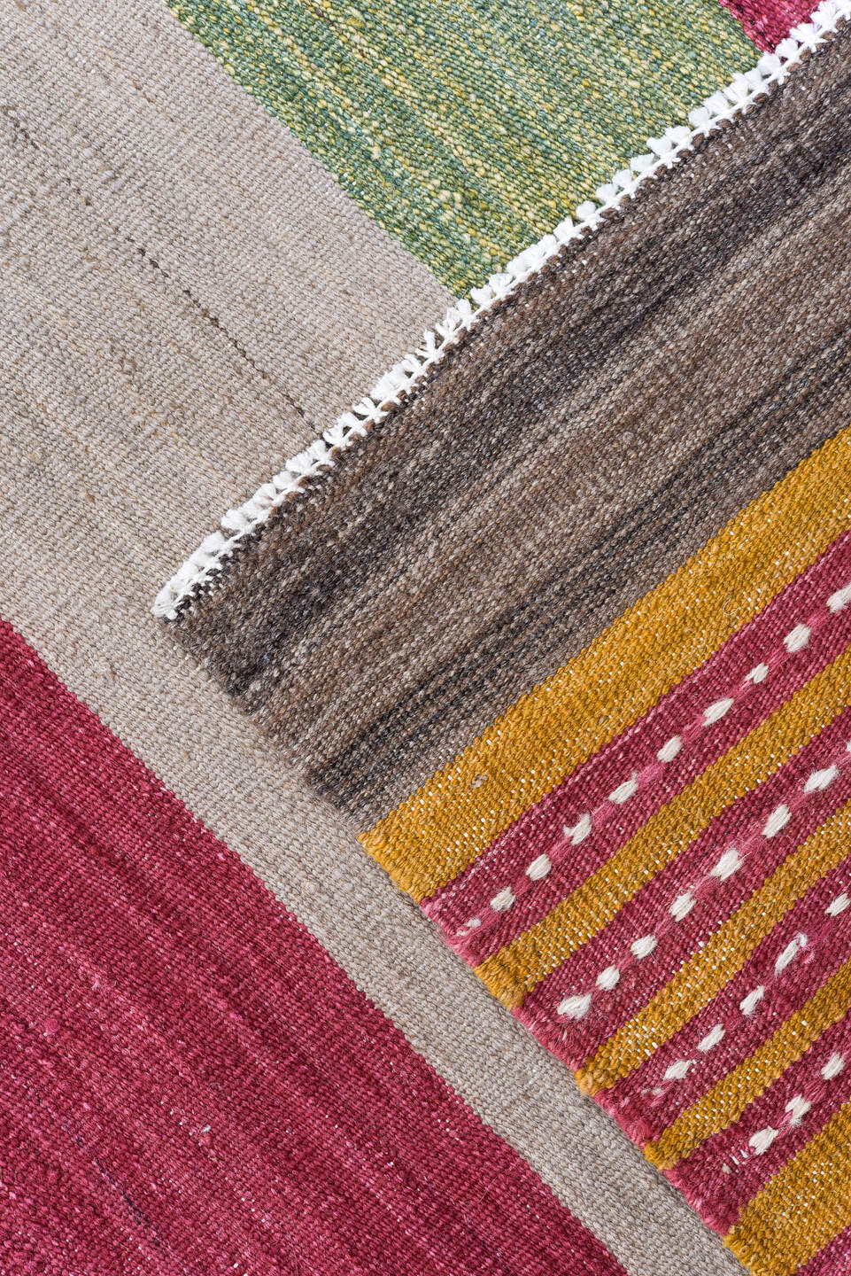 8' x 12' one-of-a-kind handmade vintage Kilim large size rug. Color palette: taupe, slate, rust, rose, mustard, sage, ivory