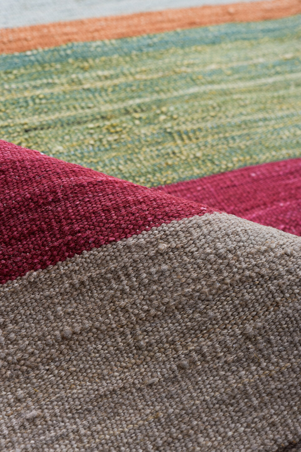 8' x 12' one-of-a-kind handmade vintage Kilim large size rug. Color palette: taupe, slate, rust, rose, mustard, sage, ivory