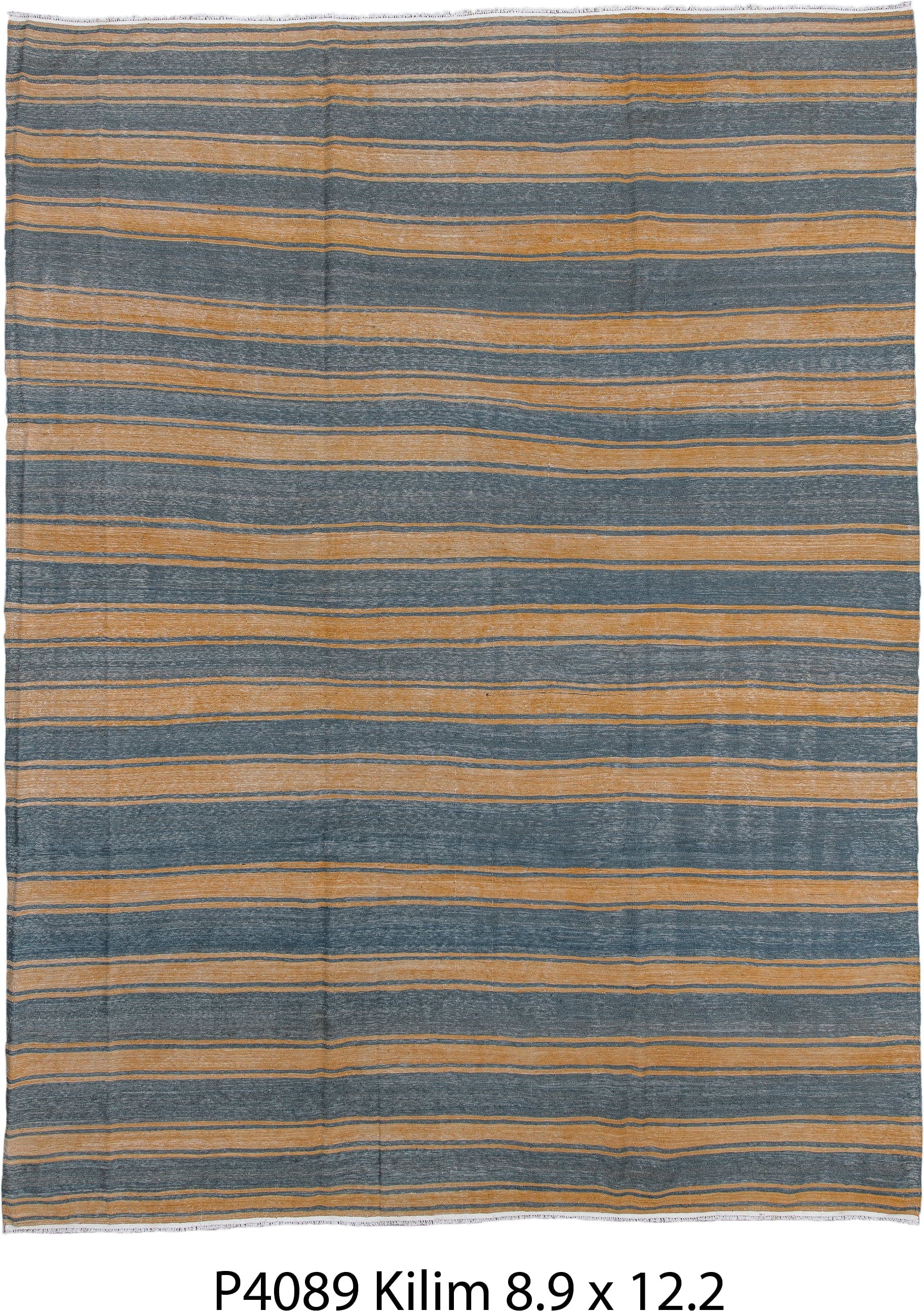 9' x 11' one-of-a-kind handmade vintage Kilim large size rug. Color palette: slate blue, camel, tan, ivory, purple, beige