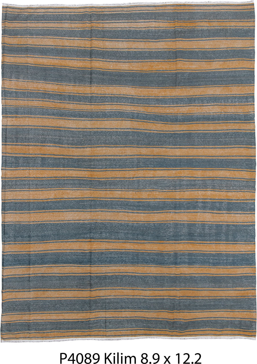 9' x 11' one-of-a-kind handmade vintage Kilim large size rug. Color palette: slate blue, camel, tan, ivory, purple, beige