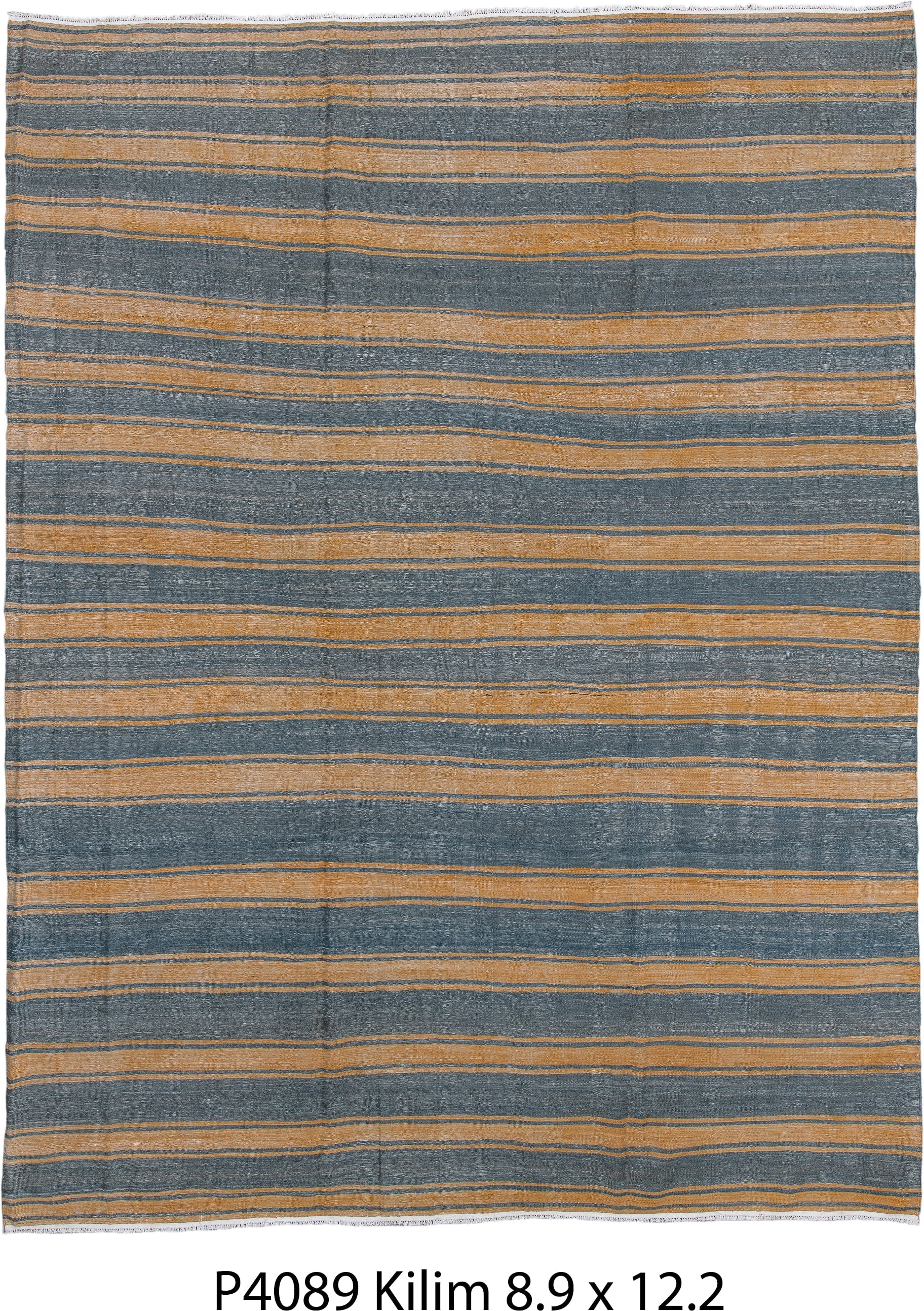 9' x 11' one-of-a-kind handmade vintage Kilim large size rug. Color palette: slate blue, camel, tan, ivory, purple, beige