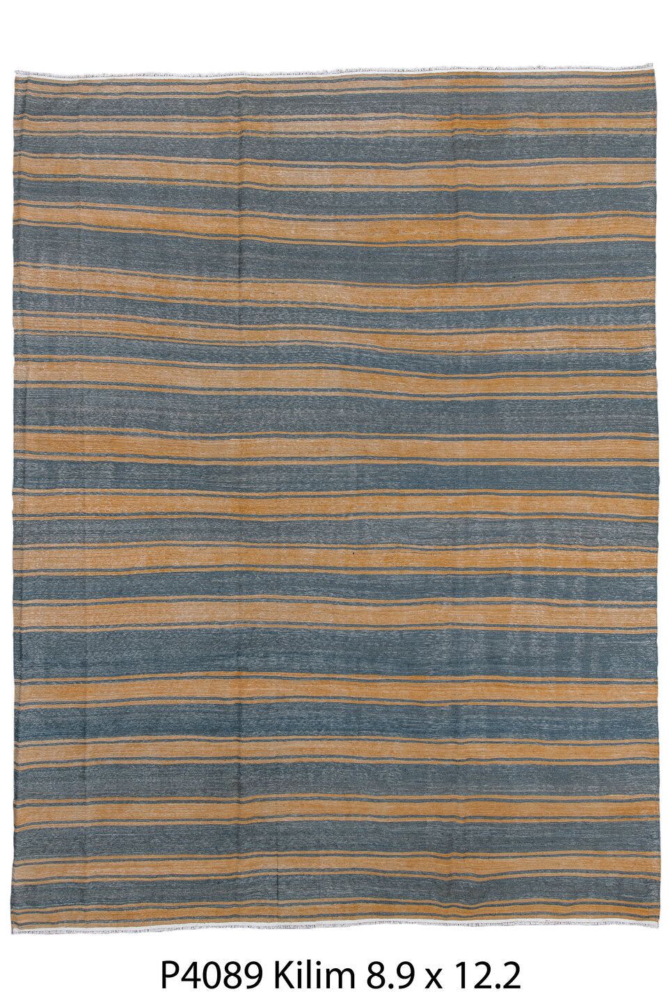 9' x 11' one-of-a-kind handmade vintage Kilim large size rug. Color palette: black, blue, brown, burlywood, dark gray, gray