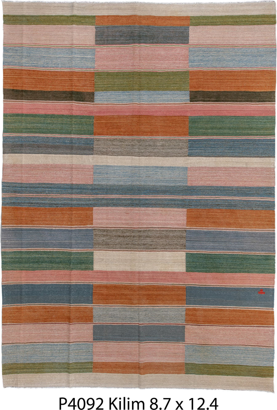 8' x 12' one-of-a-kind handmade vintage Kilim large size rug. Color palette: blush, slate, rust, ivory, olive, sky blue