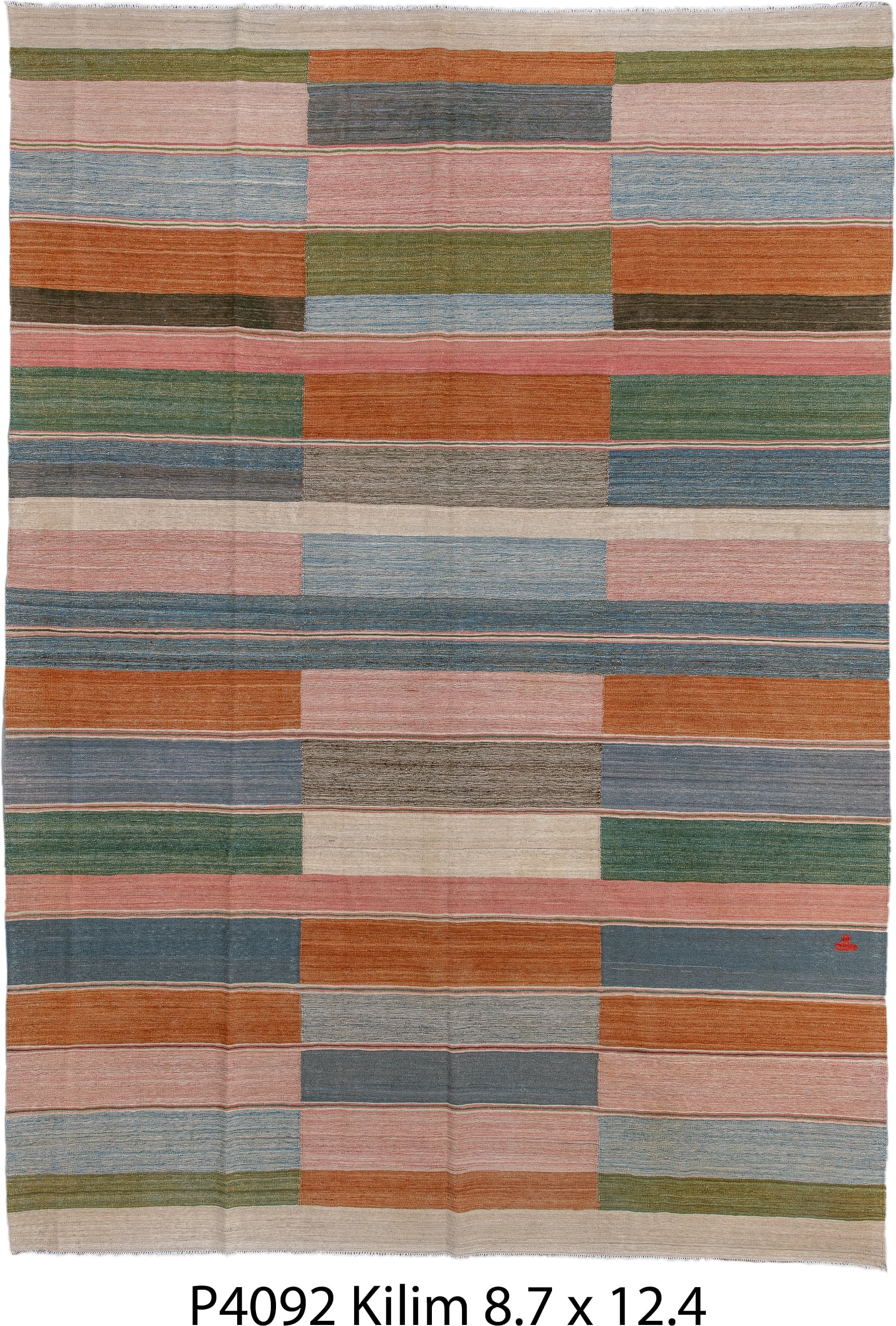 8' x 12' one-of-a-kind handmade vintage Kilim large size rug. Color palette: blush, slate, rust, ivory, olive, sky blue
