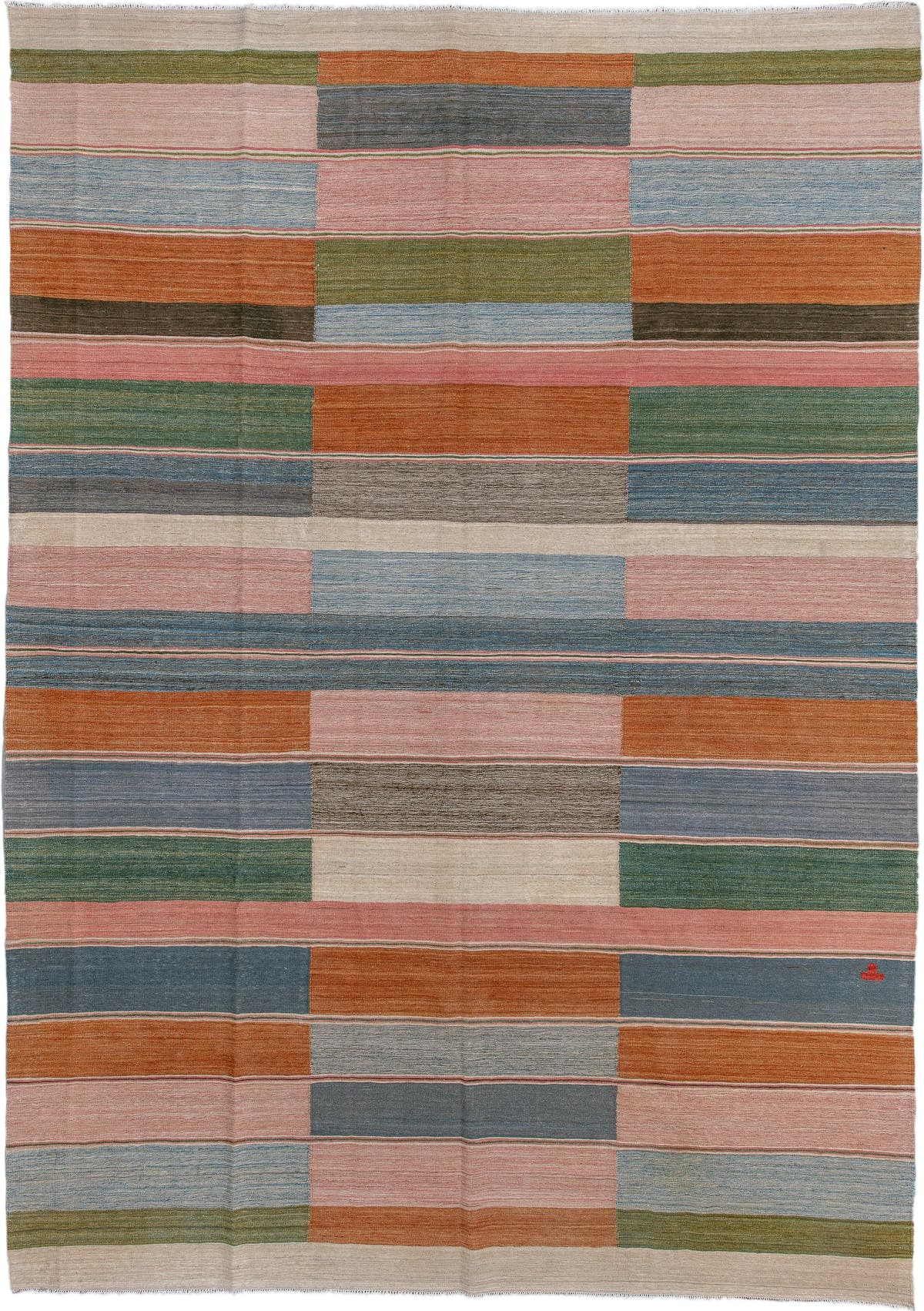 8' x 12' one-of-a-kind handmade vintage Kilim large size rug. Color palette: blush, slate, rust, ivory, olive, sky blue
