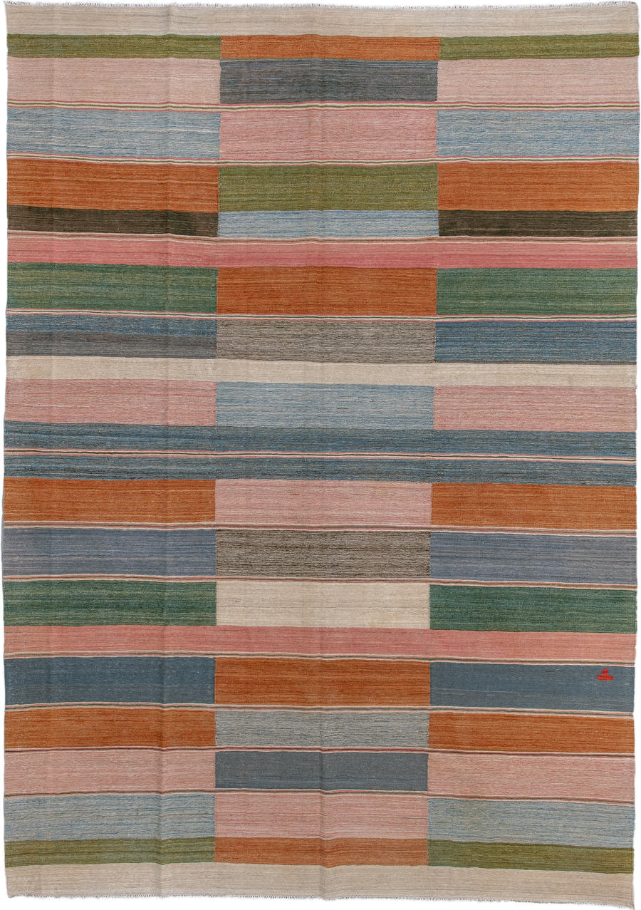 8' x 12' one-of-a-kind handmade vintage Kilim large size rug. Color palette: blush, slate, rust, ivory, olive, sky blue