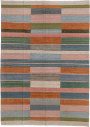 8' x 12' one-of-a-kind handmade vintage Kilim large size rug. Color palette: blush, slate, rust, ivory, olive, sky blue