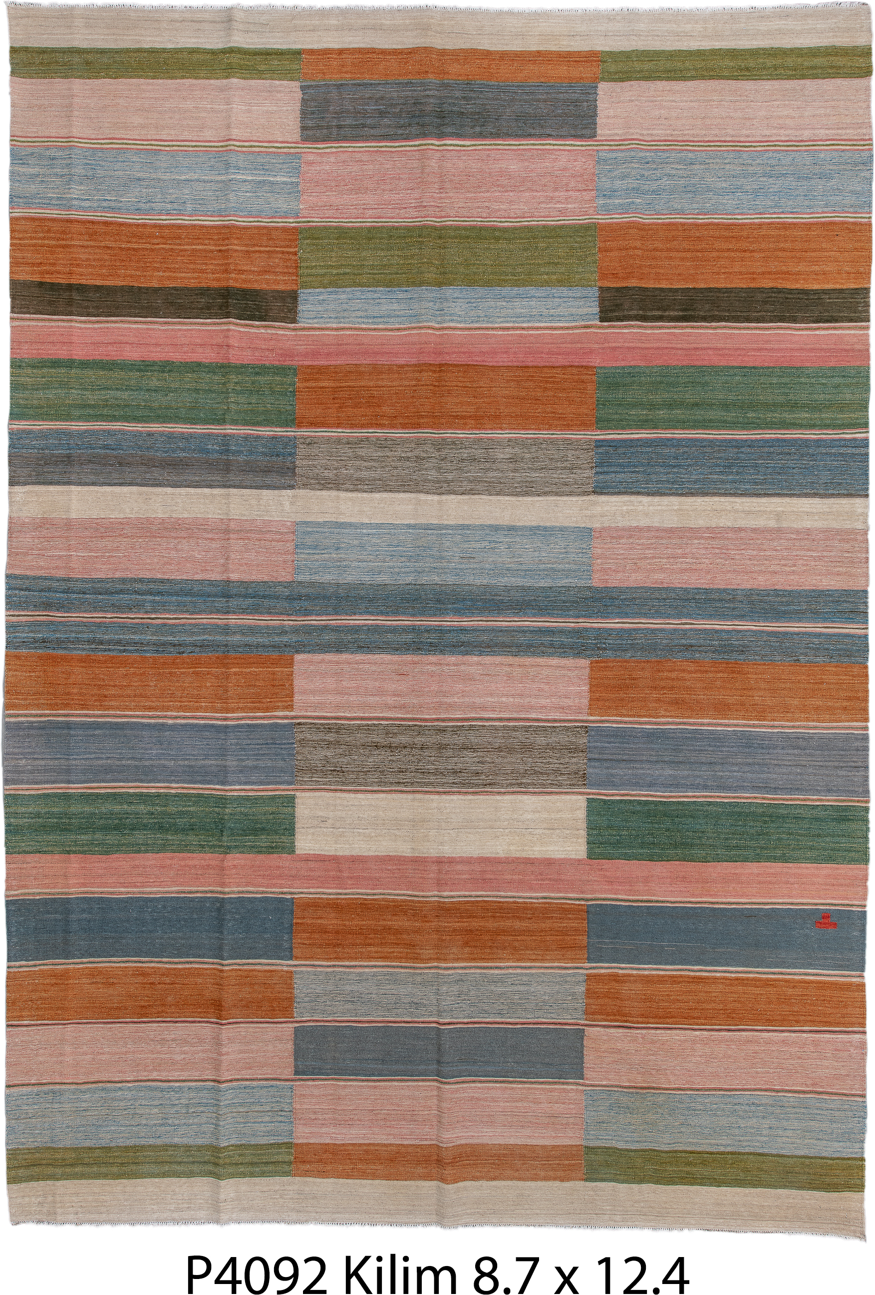 8' x 12' one-of-a-kind handmade vintage Kilim large size rug. Color palette: blush, slate, rust, ivory, olive, sky blue