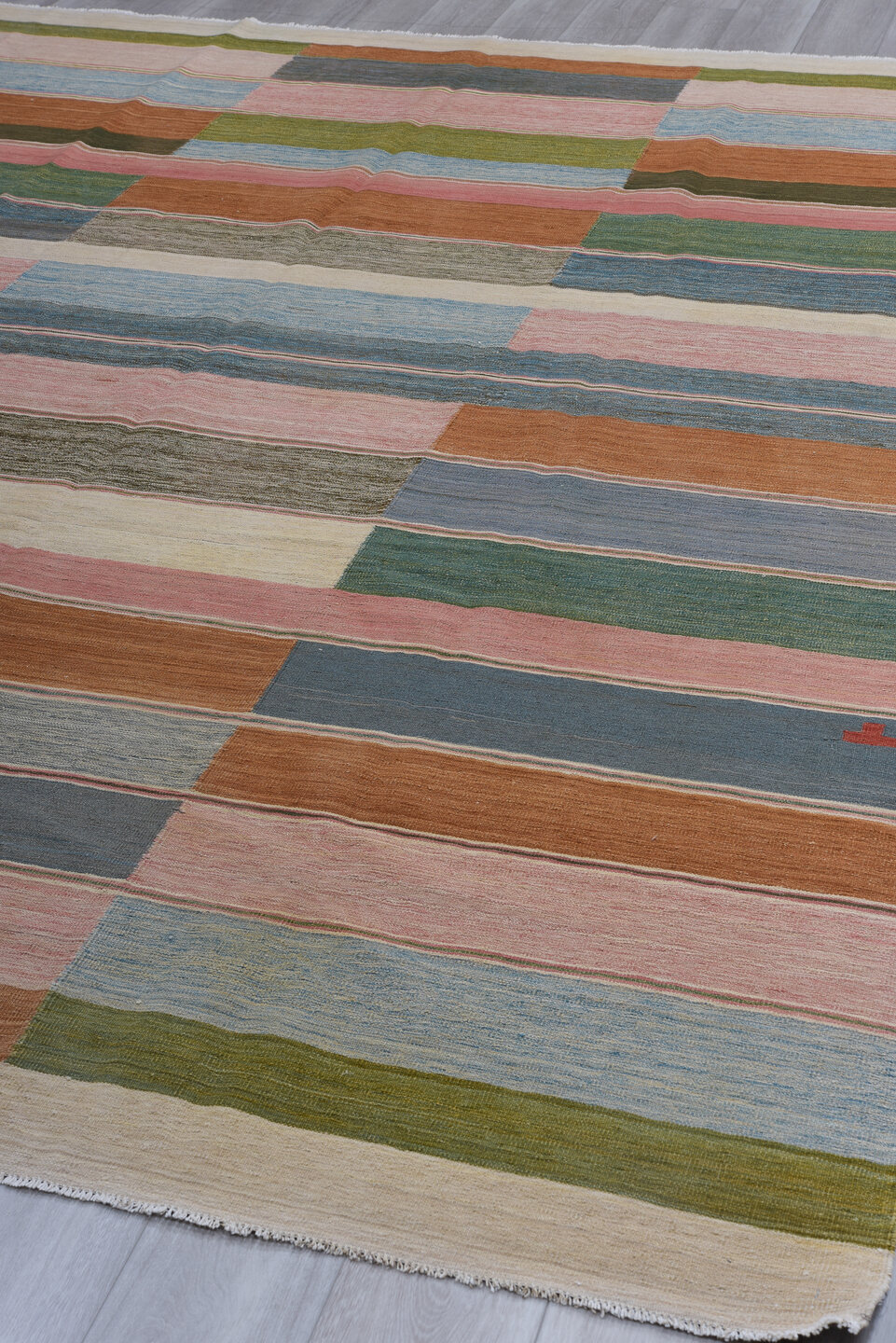 8' x 12' one-of-a-kind handmade vintage Kilim large size rug. Color palette: blush, slate, rust, ivory, olive, sky blue