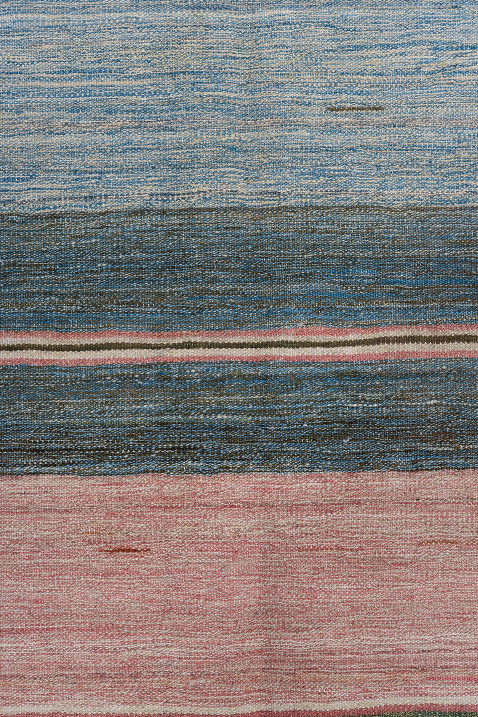 8' x 12' one-of-a-kind handmade vintage Kilim large size rug. Color palette: blush, slate, rust, ivory, olive, sky blue