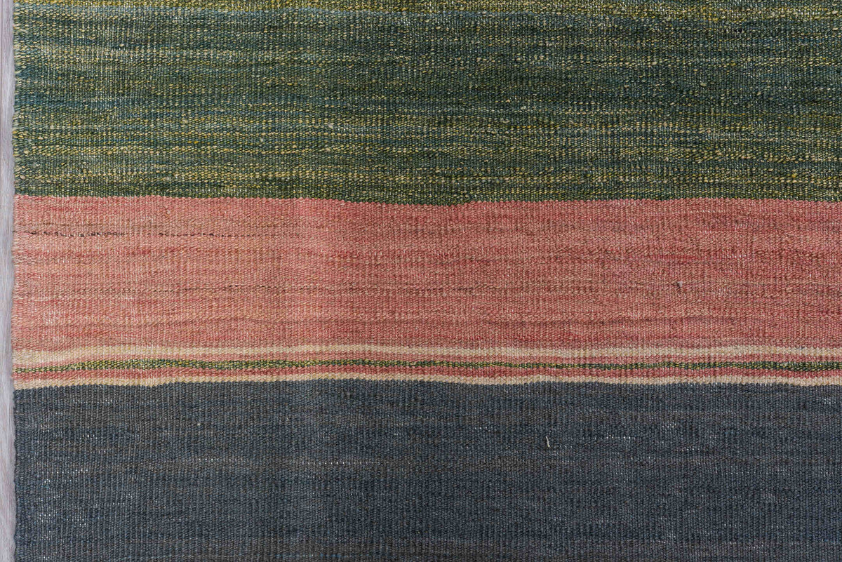 8' x 12' one-of-a-kind handmade vintage Kilim large size rug. Color palette: blush, slate, rust, ivory, olive, sky blue