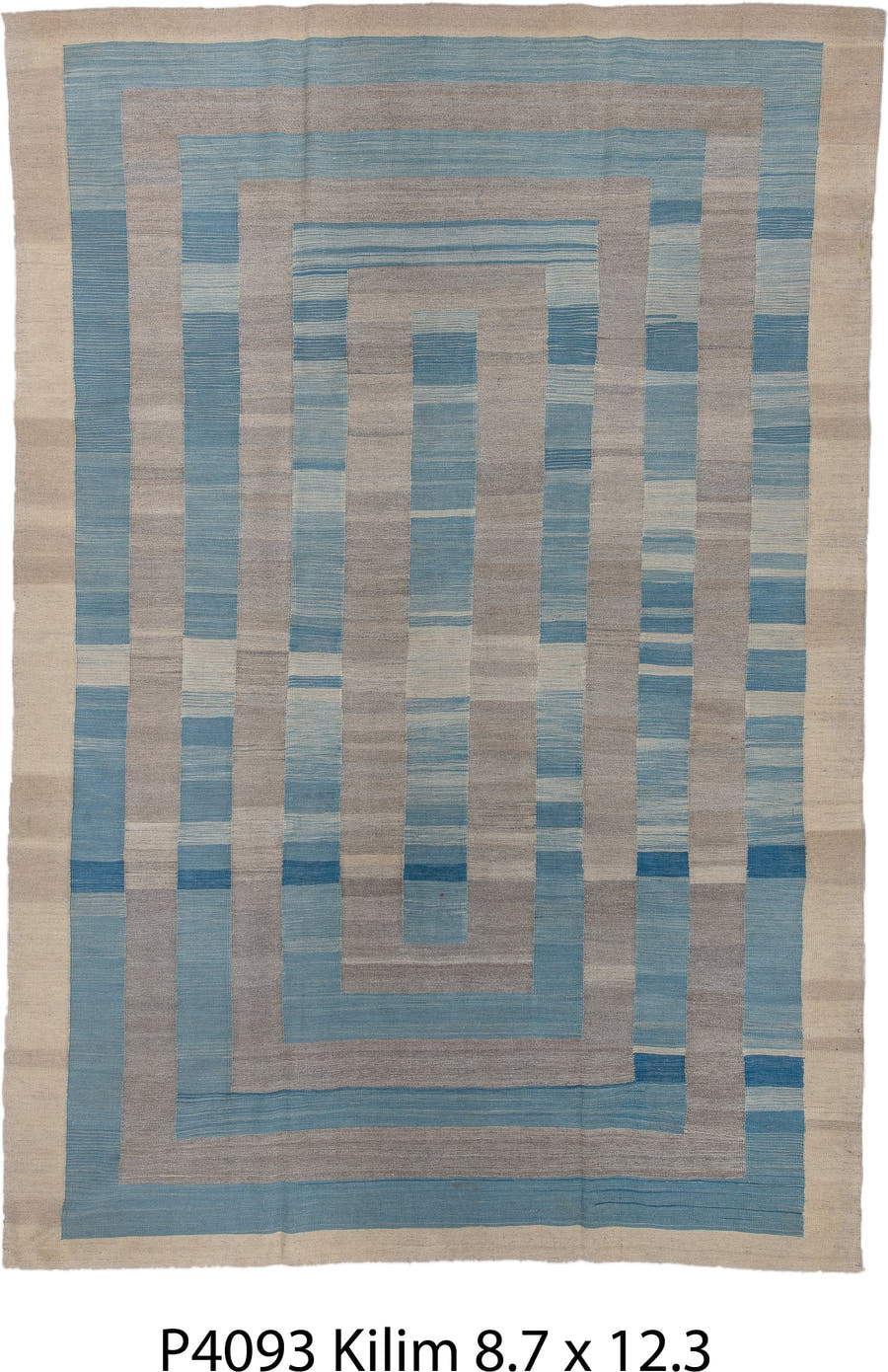 8' x 12' one-of-a-kind handmade vintage Kilim large size rug. Color palette: ivory, sky blue, taupe, beige, slate