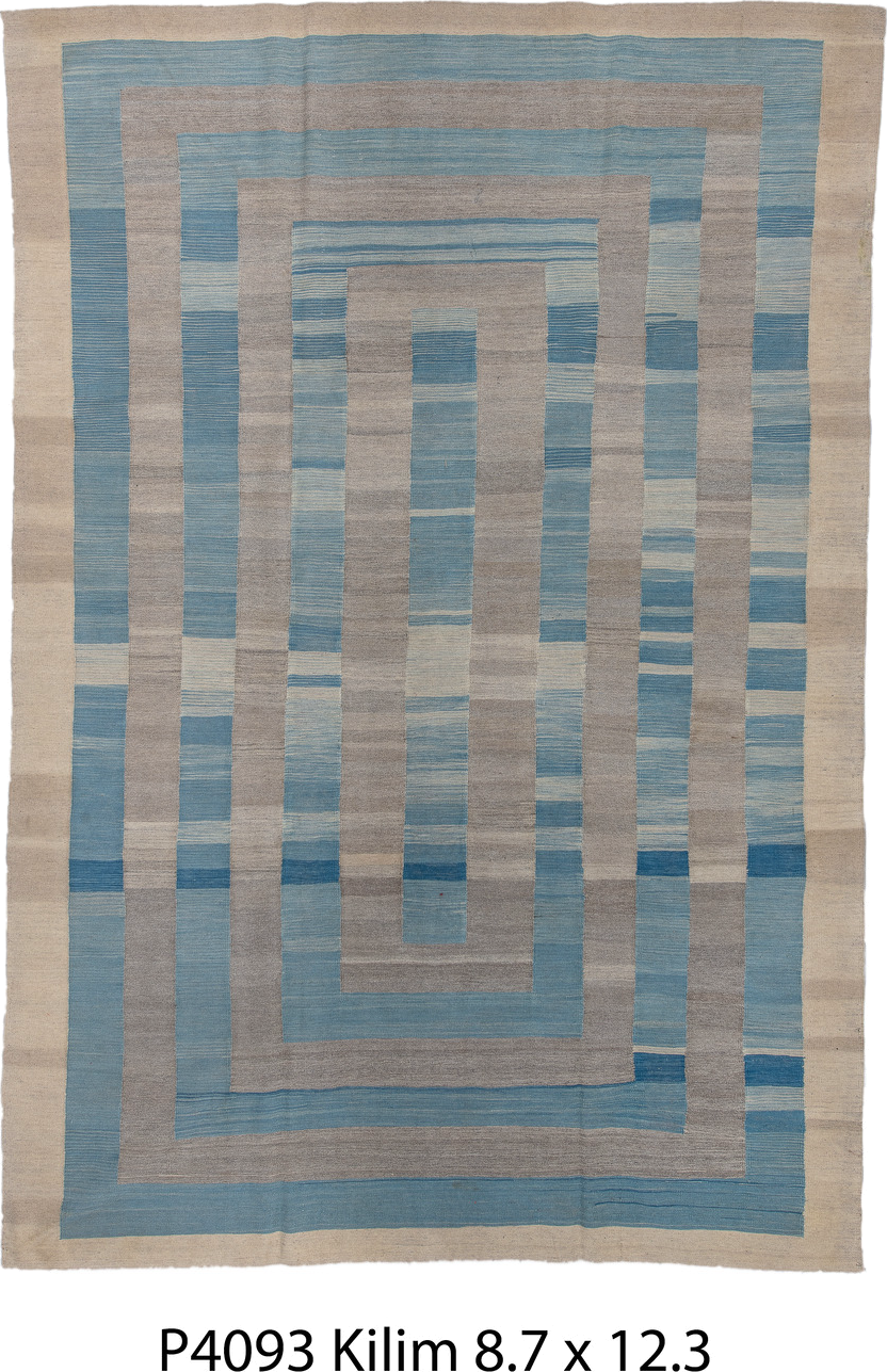 8' x 12' one-of-a-kind handmade vintage Kilim large size rug. Color palette: ivory, sky blue, taupe, beige, slate