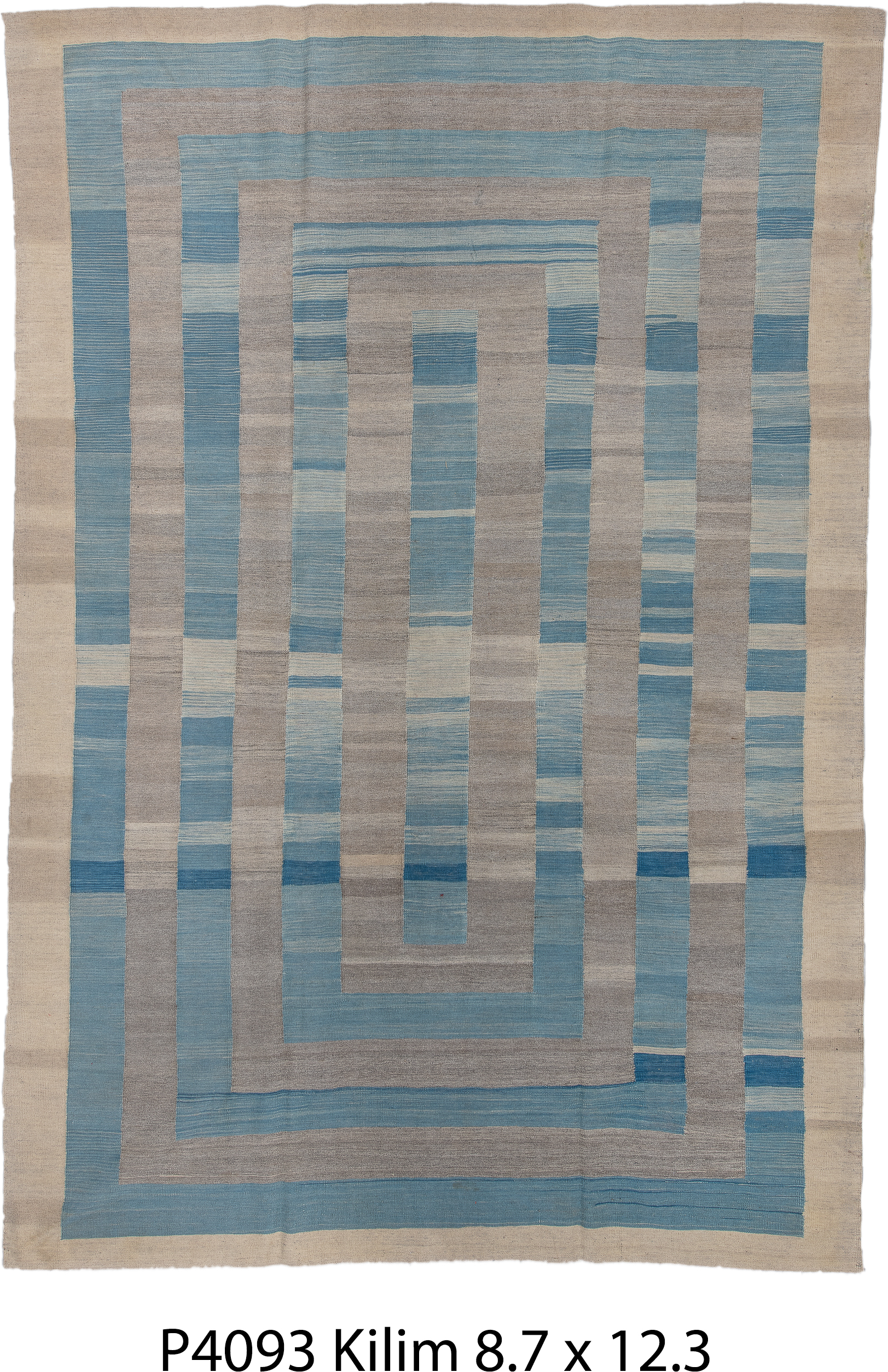 8' x 12' one-of-a-kind handmade vintage Kilim large size rug. Color palette: ivory, sky blue, taupe, beige, slate