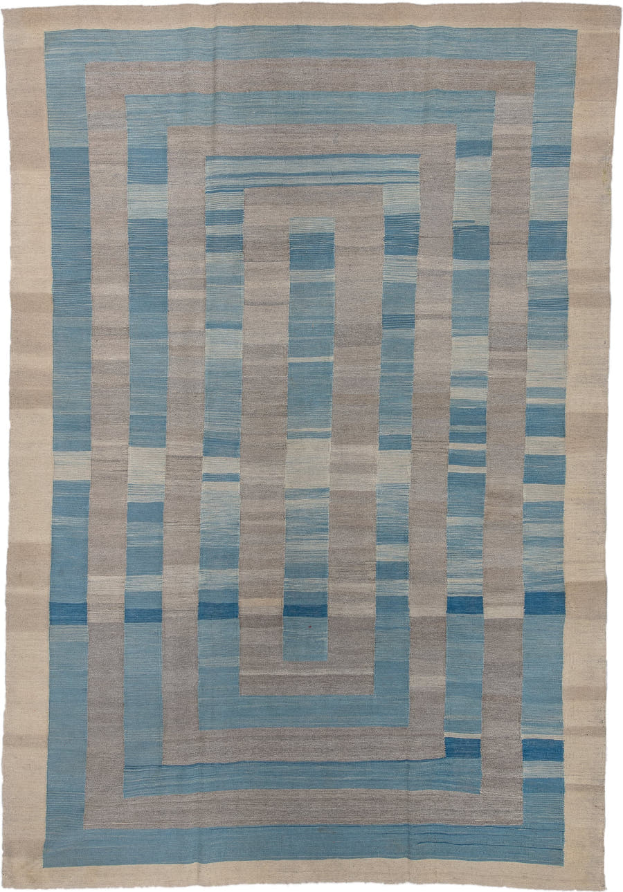 8' x 12' one-of-a-kind handmade vintage Kilim large size rug. Color palette: ivory, sky blue, taupe, beige, slate