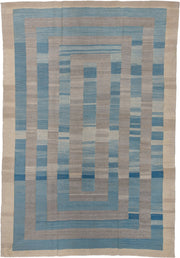 8' x 12' one-of-a-kind handmade vintage Kilim large size rug. Color palette: ivory, sky blue, taupe, beige, slate