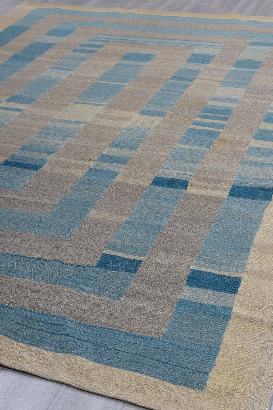 8' x 12' one-of-a-kind handmade vintage Kilim large size rug. Color palette: ivory, sky blue, taupe, beige, slate
