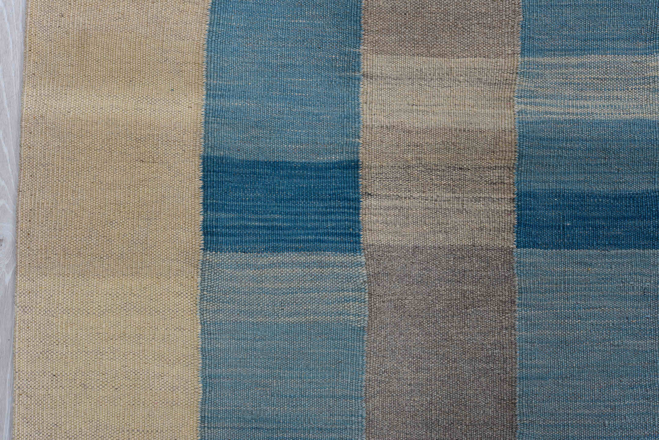 8' x 12' one-of-a-kind handmade vintage Kilim large size rug. Color palette: ivory, sky blue, taupe, beige, slate