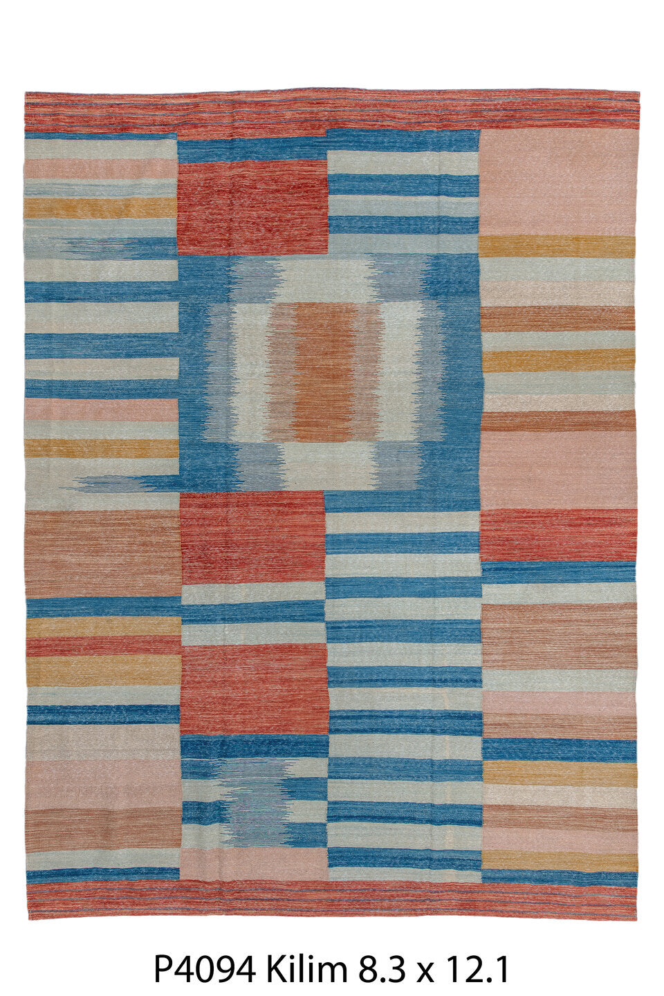 8' x 11' one-of-a-kind handmade vintage Kilim large size rug. Color palette: arapawa, blue, brown, gray, light blue