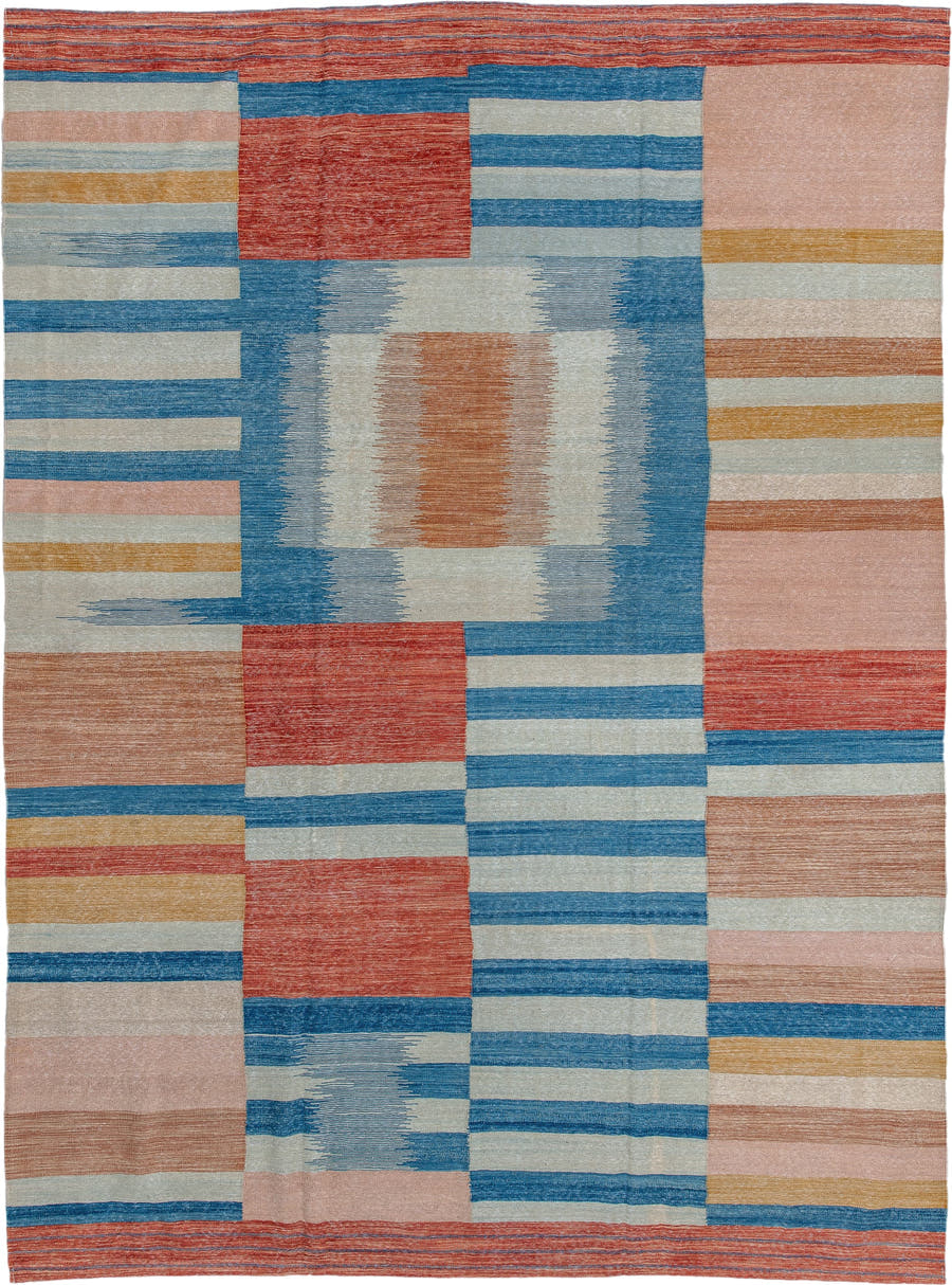 8' x 11' one-of-a-kind handmade vintage Kilim large size rug. Color palette: sky blue, ivory, coral, blush, gold
