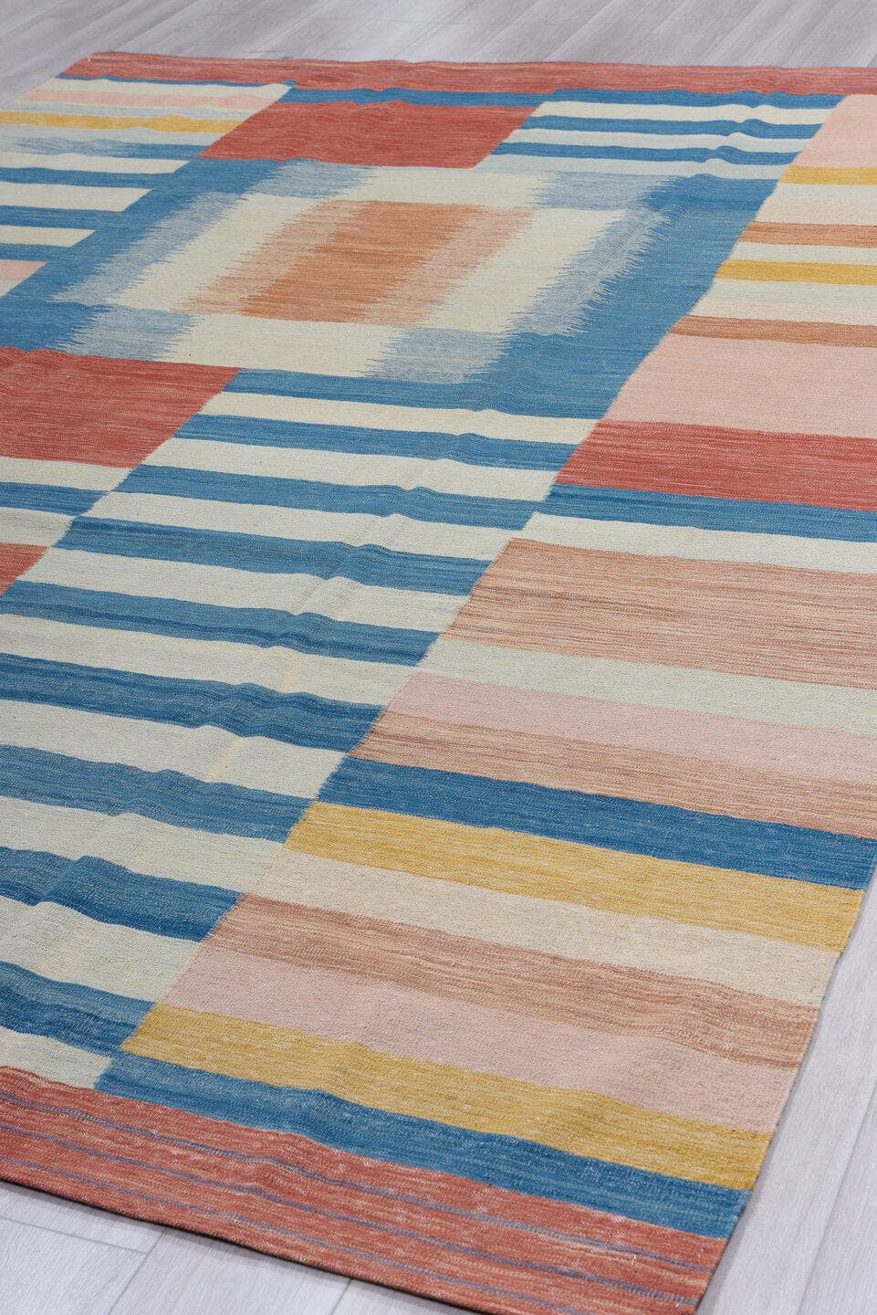 8' x 11' one-of-a-kind handmade vintage Kilim large size rug. Color palette: sky blue, ivory, coral, blush, gold