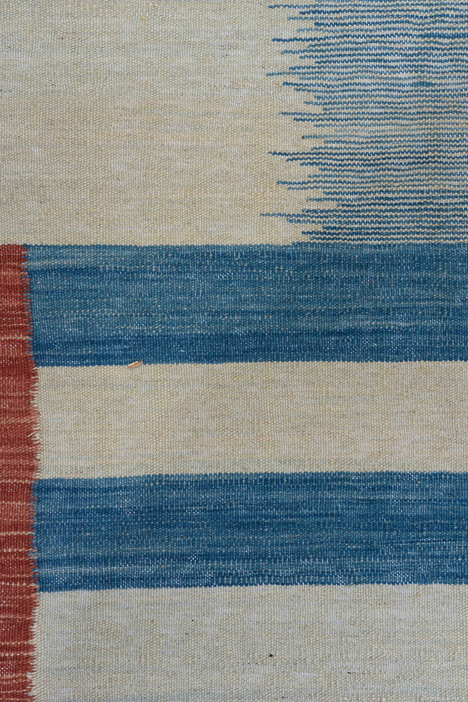 8' x 11' one-of-a-kind handmade vintage Kilim large size rug. Color palette: sky blue, ivory, coral, blush, gold