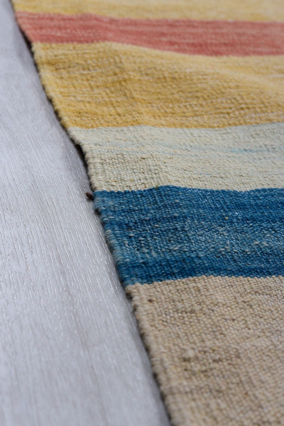 8' x 11' one-of-a-kind handmade vintage Kilim large size rug. Color palette: sky blue, ivory, coral, blush, gold
