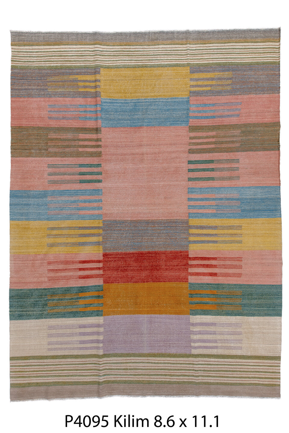 9' x 11' one-of-a-kind handmade vintage Kilim large size rug. Color palette: blue, brown, dim gray, gray, light blue