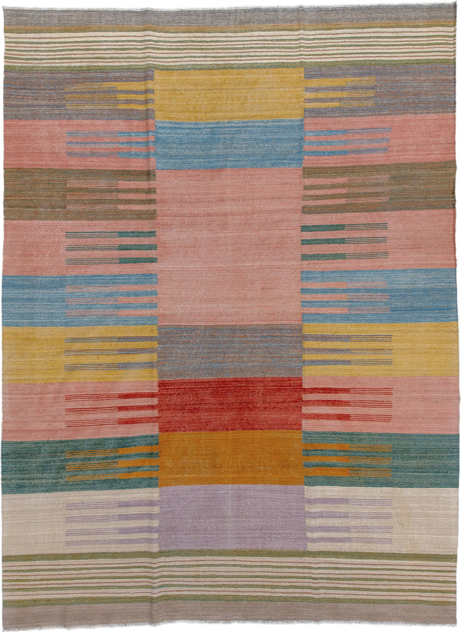 9' x 11' one-of-a-kind handmade vintage Kilim large size rug. Color palette: blush, sky blue, mustard, ivory, taupe, teal