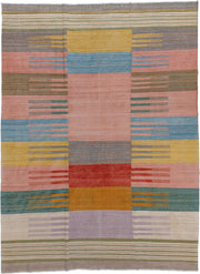 9' x 11' one-of-a-kind handmade vintage Kilim large size rug. Color palette: blush, sky blue, mustard, ivory, taupe, teal
