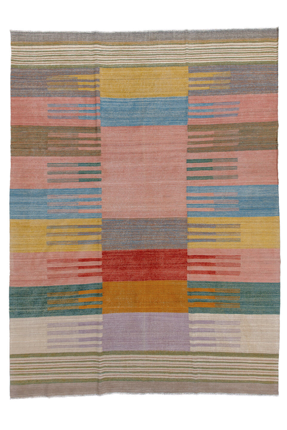 9' x 11' one-of-a-kind handmade vintage Kilim large size rug. Color palette: blush, sky blue, mustard, ivory, taupe, teal