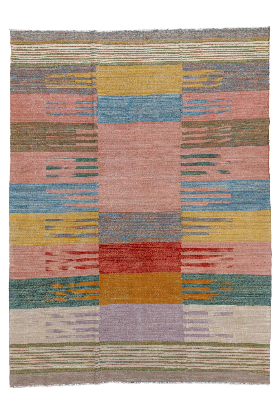 9' x 11' one-of-a-kind handmade vintage Kilim large size rug. Color palette: blush, sky blue, mustard, ivory, taupe, teal