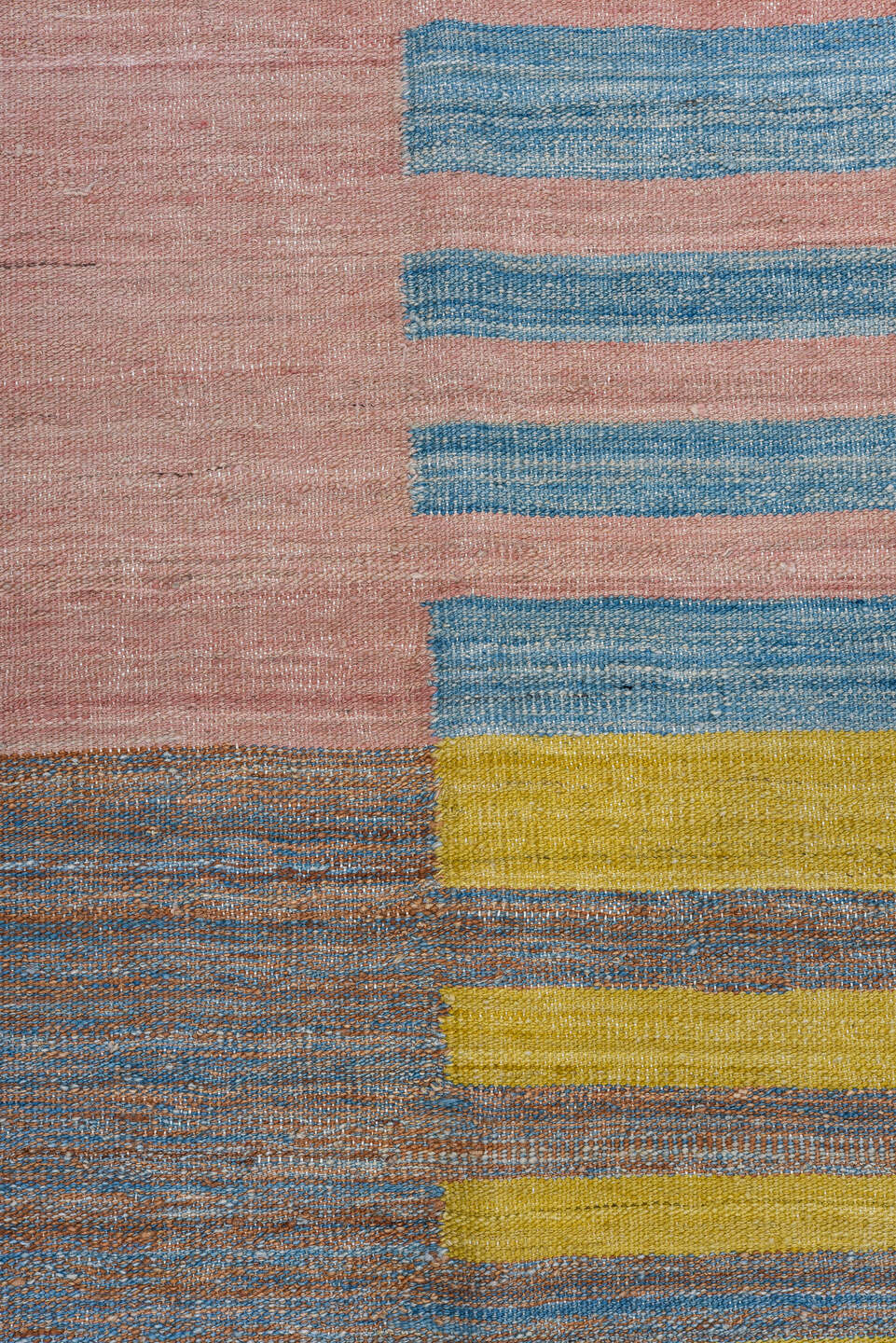 9' x 11' one-of-a-kind handmade vintage Kilim large size rug. Color palette: blush, sky blue, mustard, ivory, taupe, teal