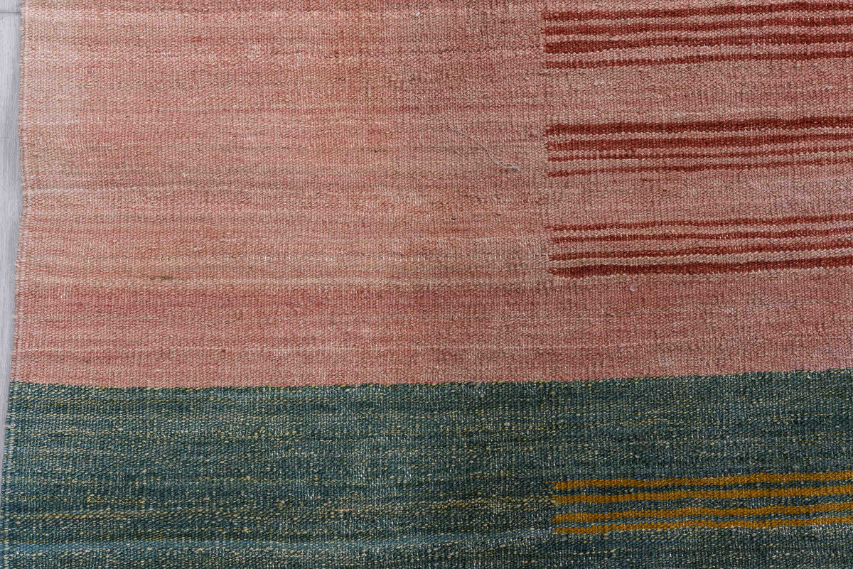 9' x 11' one-of-a-kind handmade vintage Kilim large size rug. Color palette: blush, sky blue, mustard, ivory, taupe, teal