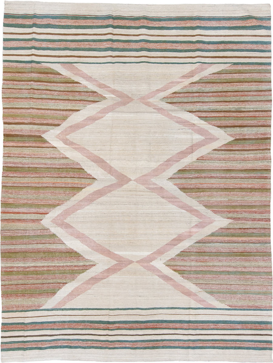 8' x 12' one-of-a-kind handmade vintage Kilim large size rug. Color palette: ivory, blush, sage, muted rust, taupe, cream