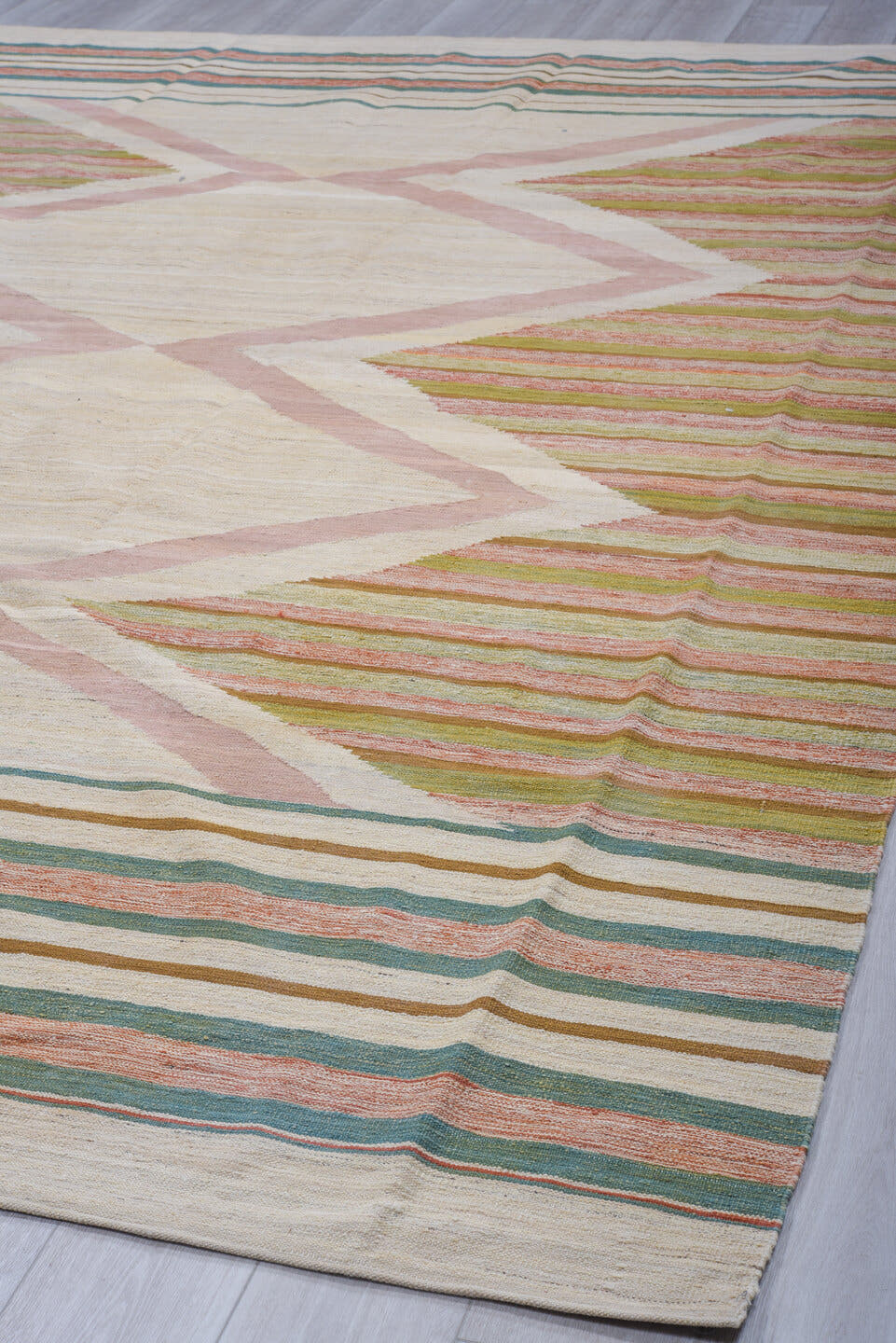 8' x 12' one-of-a-kind handmade vintage Kilim large size rug. Color palette: ivory, blush, sage, muted rust, taupe, cream