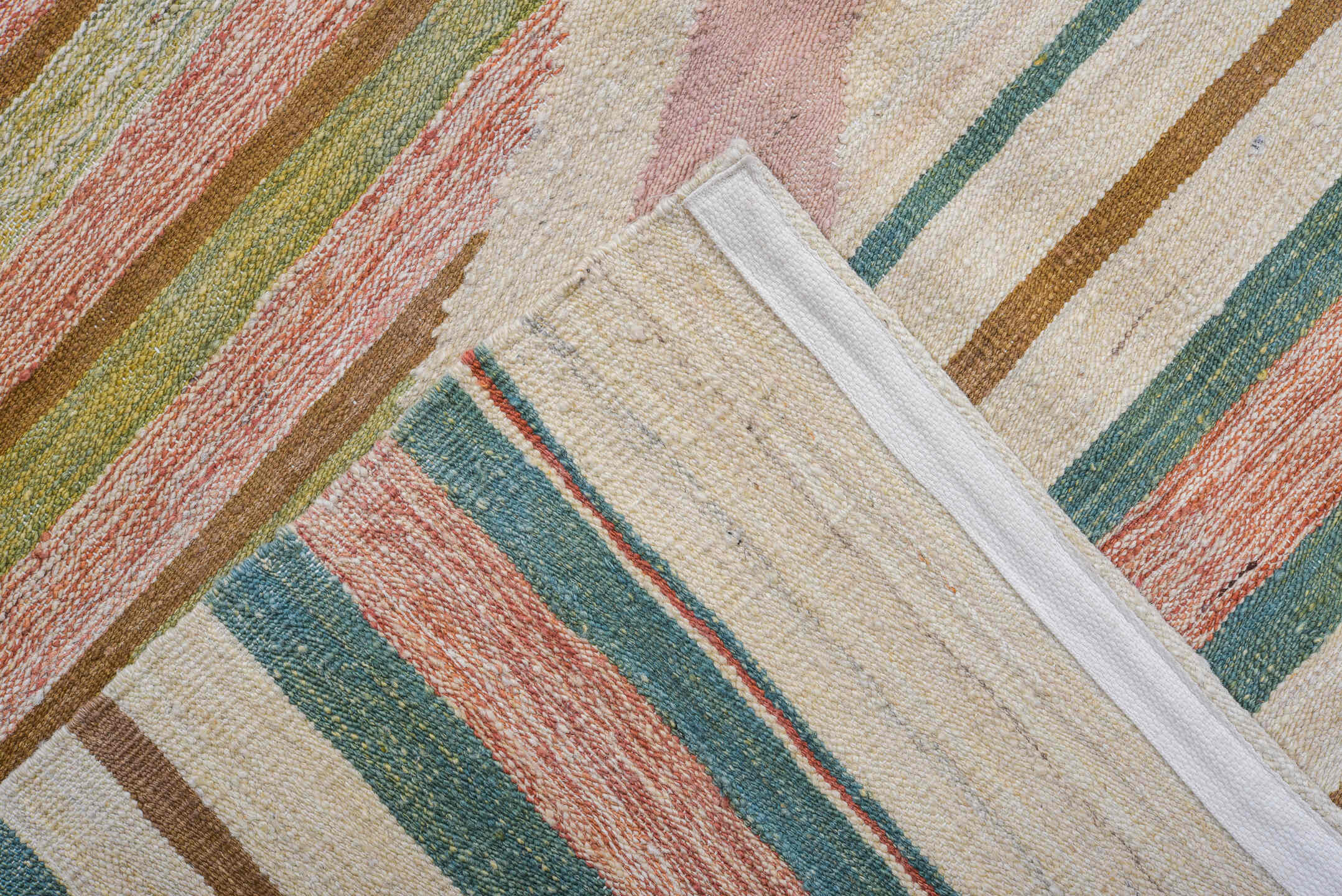 8' x 12' one-of-a-kind handmade vintage Kilim large size rug. Color palette: ivory, blush, sage, muted rust, taupe, cream