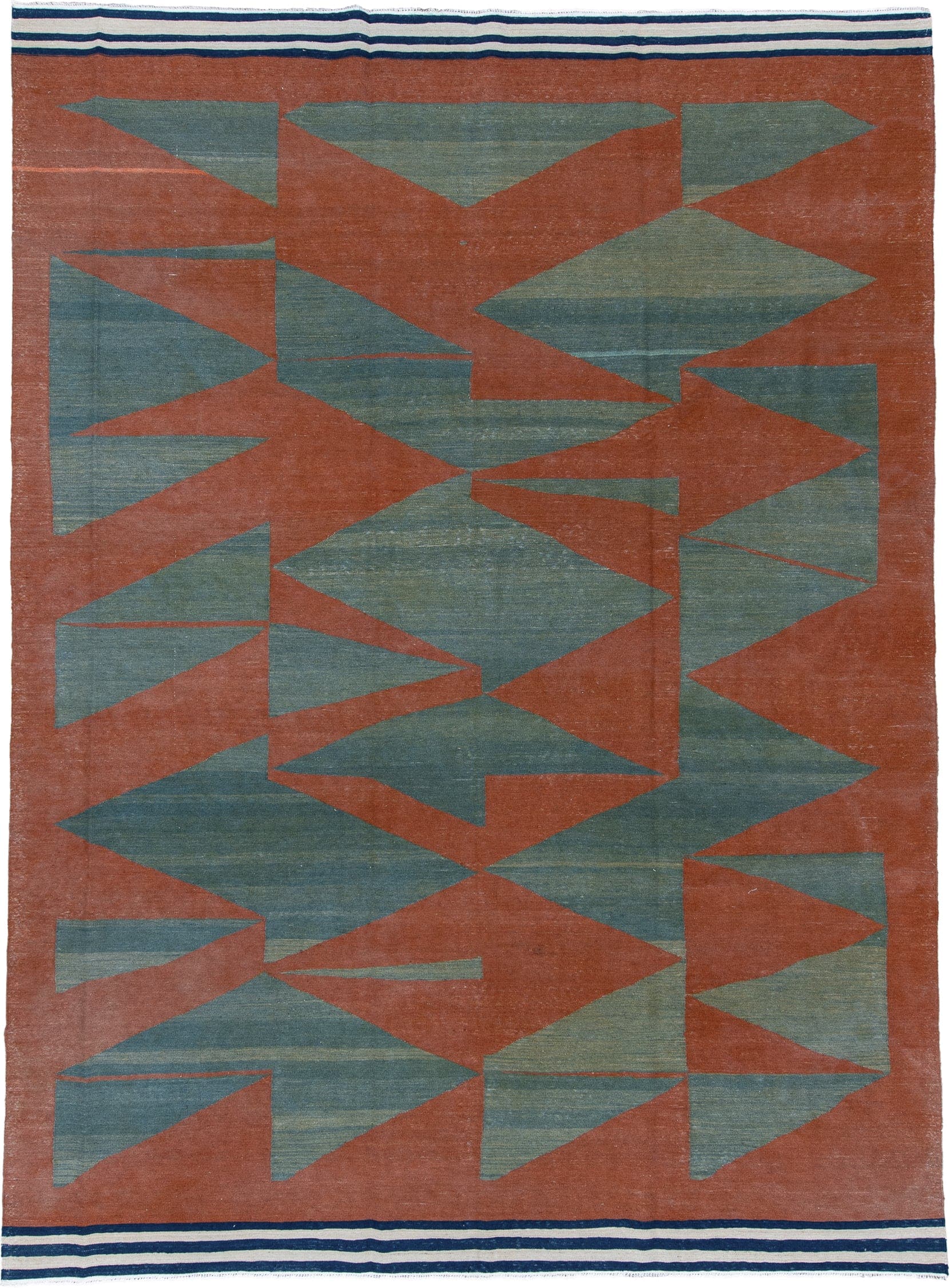 9' x 12' one-of-a-kind handmade vintage Kilim large size rug. Color palette: terra cotta, teal, ivory, navy, terracotta