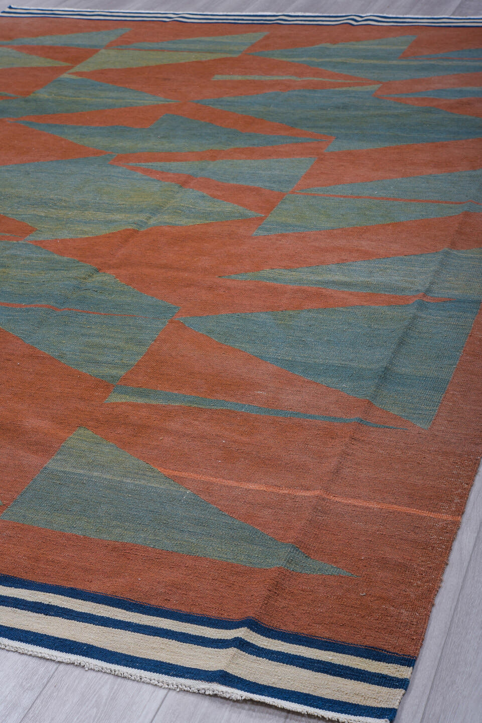 9' x 12' one-of-a-kind handmade vintage Kilim large size rug. Color palette: terra cotta, teal, ivory, navy, terracotta