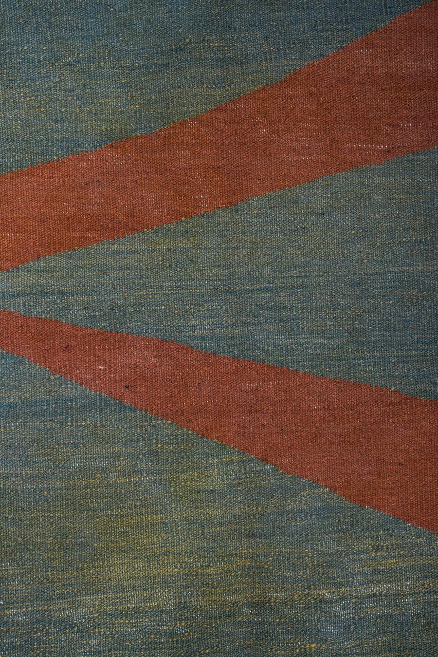 9' x 12' one-of-a-kind handmade vintage Kilim large size rug. Color palette: terra cotta, teal, ivory, navy, terracotta